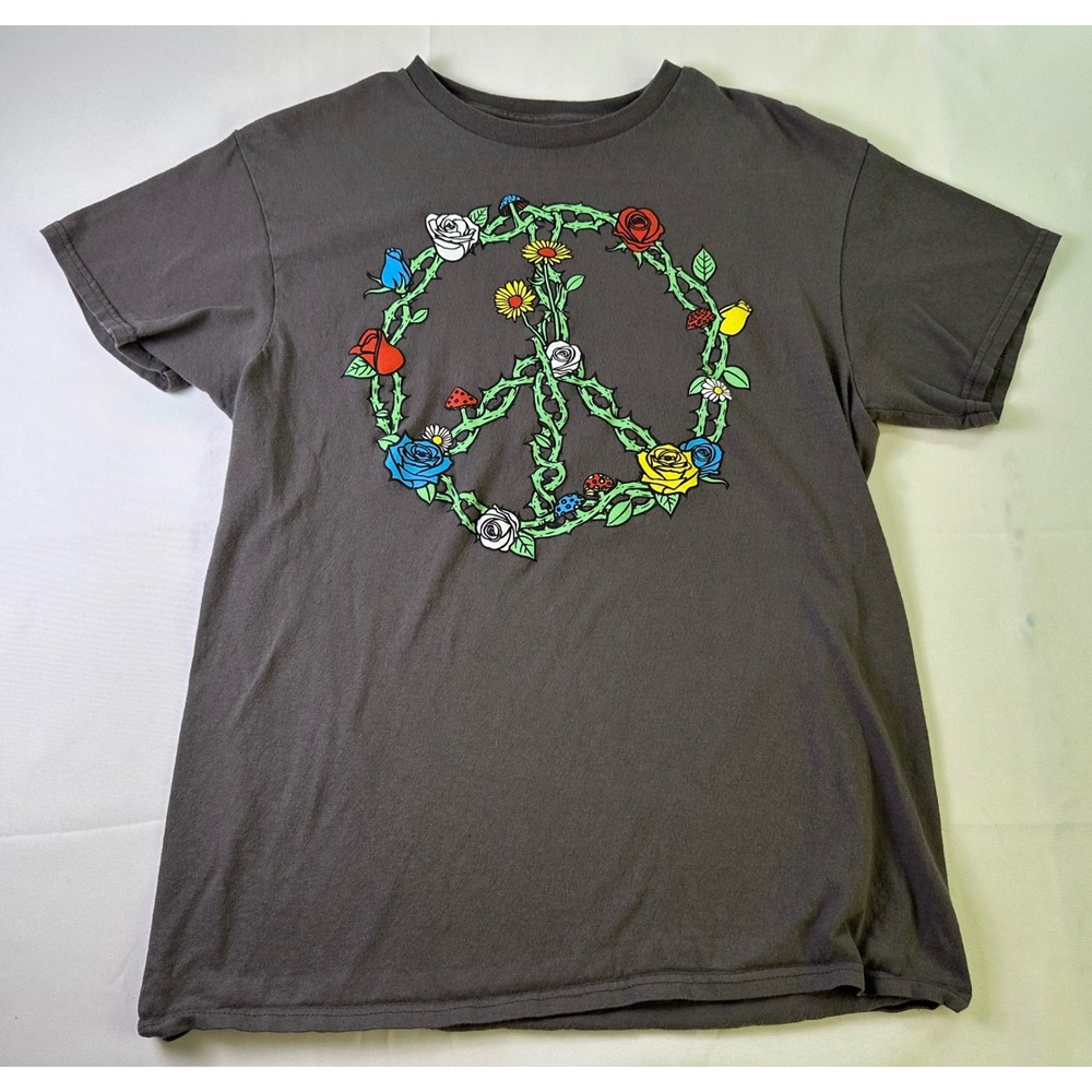 DOM Graphic T Shirt Peace Symbol Floral Rose Vine Mens Medium‎ Gray Cotton